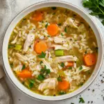 Bowl of hearty chicken rice soup garnished with fresh herbs and vegetables.