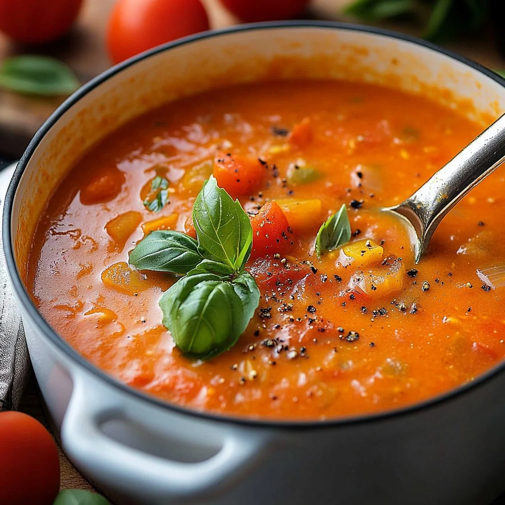 Bowl of hearty fire roasted tomato soup garnished with herbs