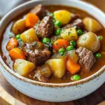Bowl of hearty instant pot beef stew with vegetables and herbs