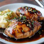 Honey balsamic glazed chicken garnished with herbs on a plate
