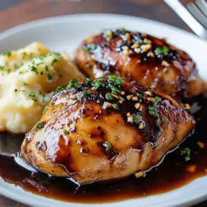 Honey balsamic glazed chicken garnished with herbs on a plate