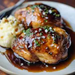 Plate of honey balsamic glazed chicken with herbs and vegetables