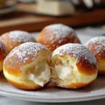 Italian Cream Bomboloni Doughnuts dusted with powdered sugar.
