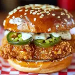 Jalapeño Honey Drenched Crispy Fried Chicken Sandwich with lettuce and sauce