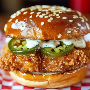 Jalapeño Honey Drenched Crispy Fried Chicken Sandwich with lettuce and sauce