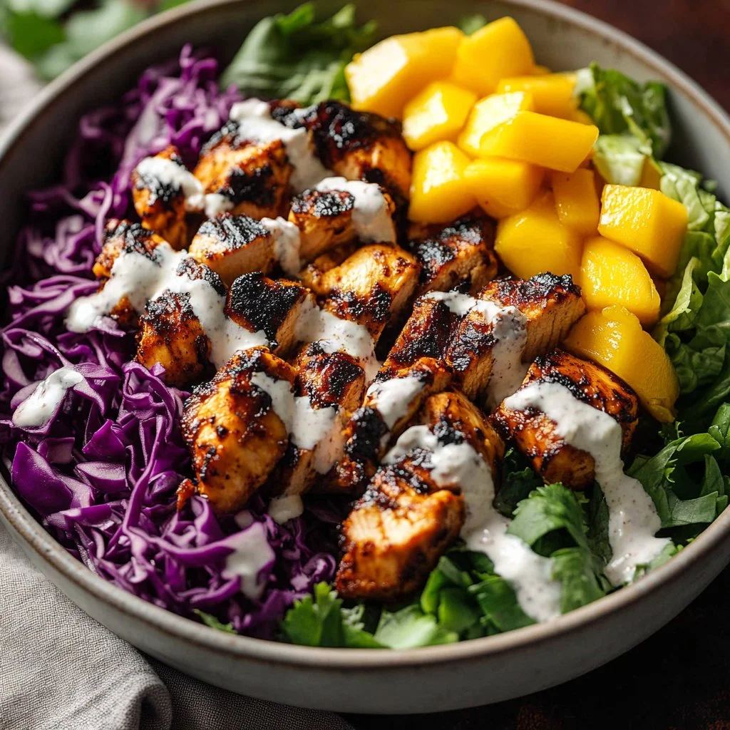 Jerk Chicken with Mango Slaw and Honey Lime Cream