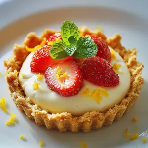 Delicious Lemon Strawberry Shortcake Mousse Tart garnished with fresh strawberries.