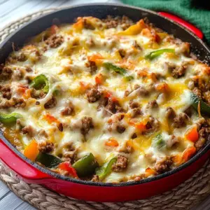 Low Carb Philly Cheesesteak Casserole served in a dish with melted cheese and peppers