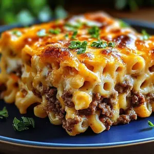 Delicious Mac and Cheese Meatloaf Casserole topped with cheddar cheese