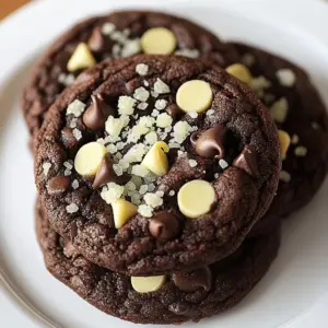 Minty Chocolate Bliss Cookies on a plate, topped with mint leaves and chocolate chips