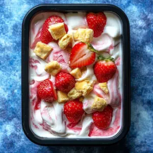 No-churn strawberry cheesecake ice cream topped with fresh strawberries