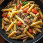 Delicious one-pot zesty steak pasta garnished with herbs and cheese.