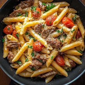 Delicious one-pot zesty steak pasta garnished with herbs and cheese.