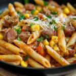 One Skillet Honey BBQ Sausage Pasta in a pan with colorful vegetables