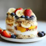 Bowl of Overnight Almond Butter Bliss Oats topped with fruits and nuts
