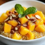 Overnight Breakfast Peach and Almond Quinoa topped with fresh peaches and almonds