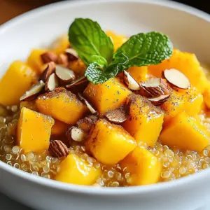 Overnight Breakfast Peach and Almond Quinoa topped with fresh peaches and almonds