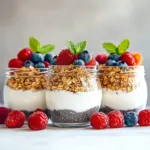 Bowl of overnight chia pudding topped with fresh berries