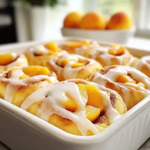 Delicious Peach Pie Cinnamon Rolls drizzled with icing on a plate.