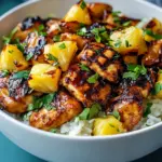Delicious pineapple chicken served over rice with vibrant garnishes