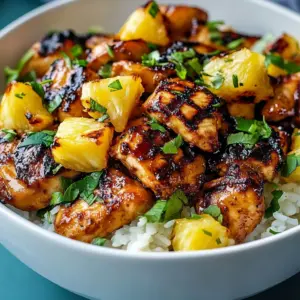 Delicious pineapple chicken served over rice with vibrant garnishes