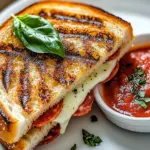 Mouthwatering pizza grilled cheese melt with gooey cheese and toppings.