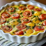 Savory brunch herb and cheese frittata garnished with fresh herbs and cheese