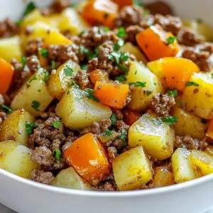 Savory ground beef potato hash served in a skillet with fresh herbs.