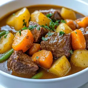 Savory herb-infused Instant Pot beef stew in a bowl, garnished with fresh herbs.