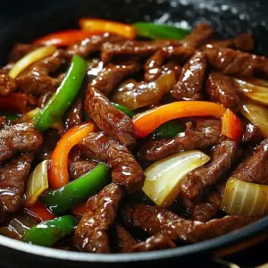 Delicious Chinese pepper steak served with onions on a plate.