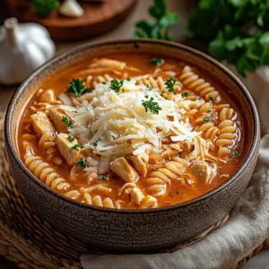 Bowl of slow cooker chicken parmesan soup with herbs and cheese