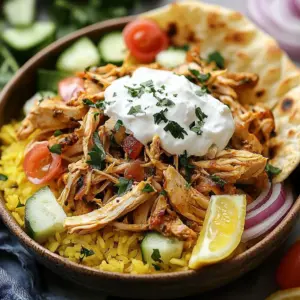 Delicious slow cooker chicken shawarma served with yogurt sauce