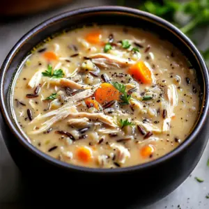 Bowl of creamy chicken and wild rice soup made in a slow cooker