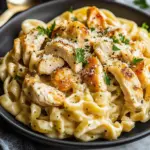 Slow Cooker Garlic Parmesan Chicken Pasta served in a bowl with herbs