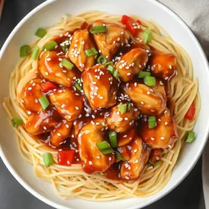 Slow Cooker Honey Garlic Chicken served over noodles with vegetables