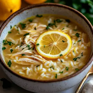 Bowl of slow cooker lemon chicken soup in Avgolemono style with fresh herbs.
