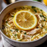 Bowl of Slow Cooker Lemon Chicken Soup with fresh herbs and lemon slices