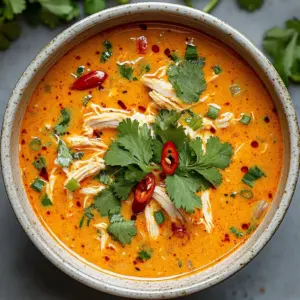 Bowl of Slow Cooker Thai Coconut Chicken Soup with fresh herbs and coconut milk