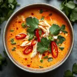 Bowl of Slow Cooker Thai Coconut Chicken Soup garnished with herbs