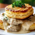 Creamy sausage gravy served over fluffy biscuits, a Southern comfort classic