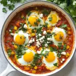 Delicious spicy breakfast shakshuka with bell peppers served in a skillet