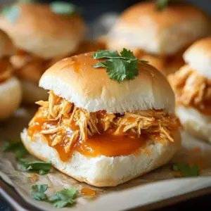 Delicious spicy Buffalo chicken sliders served on a platter.
