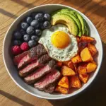 Steak Power Plate with sunny eggs, sweet potato, avocado, and berries on a plate.