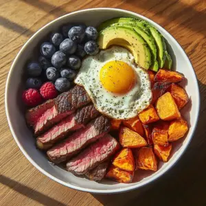Steak Power Plate with sunny eggs, sweet potato, avocado, and berries on a plate.