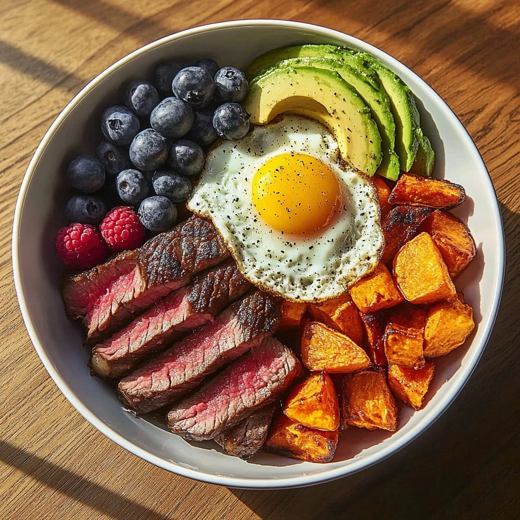 Steak & Sunny Eggs Power Plate with Sweet Potato, Avocado & Berries