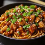 Plate of Sticky Garlic Chicken Noodles garnished with herbs and chilies