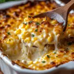 Delicious Street Corn Chicken Casserole topped with cheese and fresh herbs