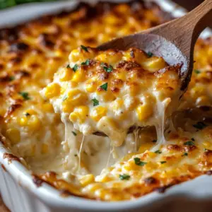 Delicious Street Corn Chicken Casserole topped with cheese and fresh herbs