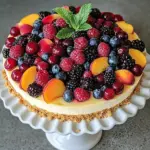 Delicious summer berry cheesecake with fresh peaches