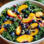 Fresh Summer Peach Blueberry Kale salad with vibrant colors and healthy ingredients